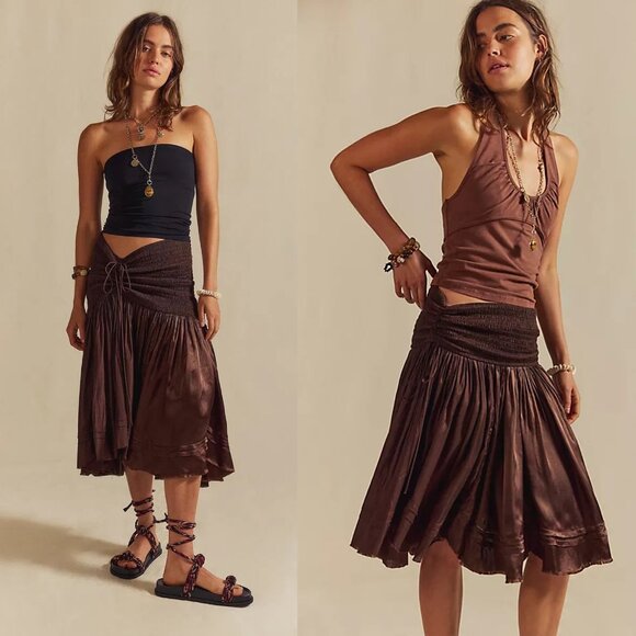 NWT New $128 Free People FP One Maya Convertible Midi Skirt Brown Dress Size L - Picture 2 of 10